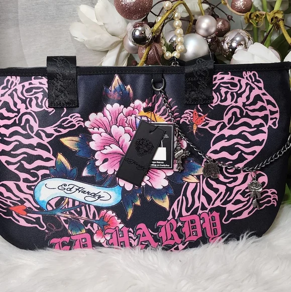 Ed Hardy | Bags | Ed Hardy Large Tote Bag Black Pink Tiger Floral